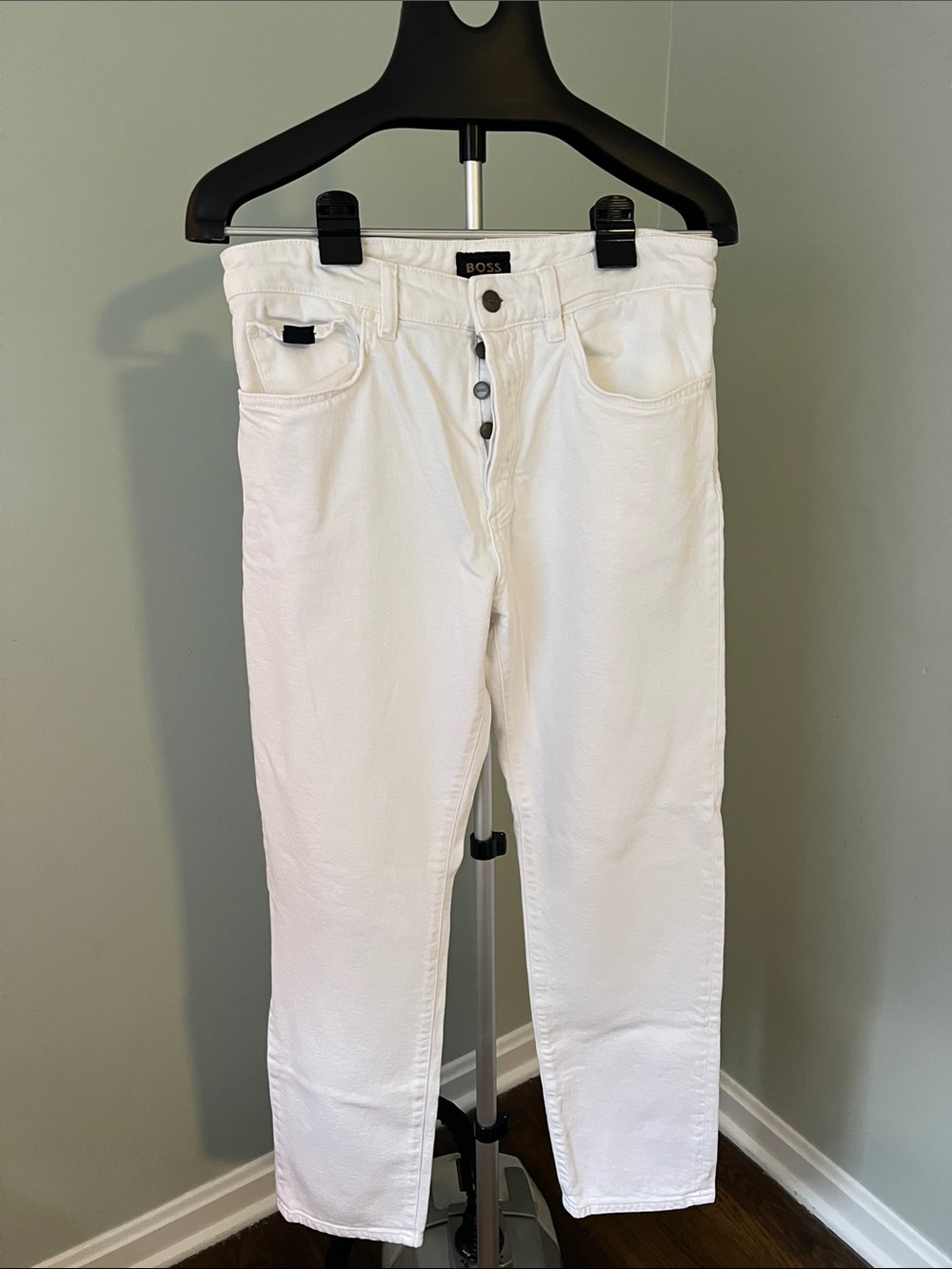 Boss Men's White Slim Jeans with Button-Fly